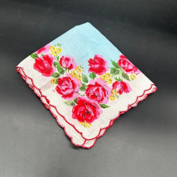 Vintage Floral Handkerchief Cotton Pink Red Rose Flowers Scalloped Edges Blue - Picture 1 of 7